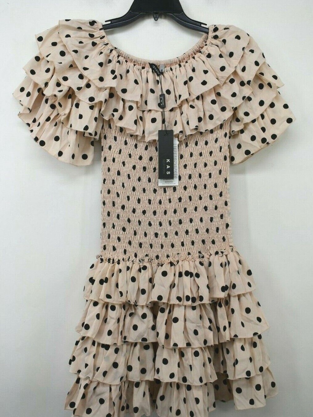 Kas New York Womens Polka Dot Ruffle Sleeve Tiered Smocked Fit Flare Dress